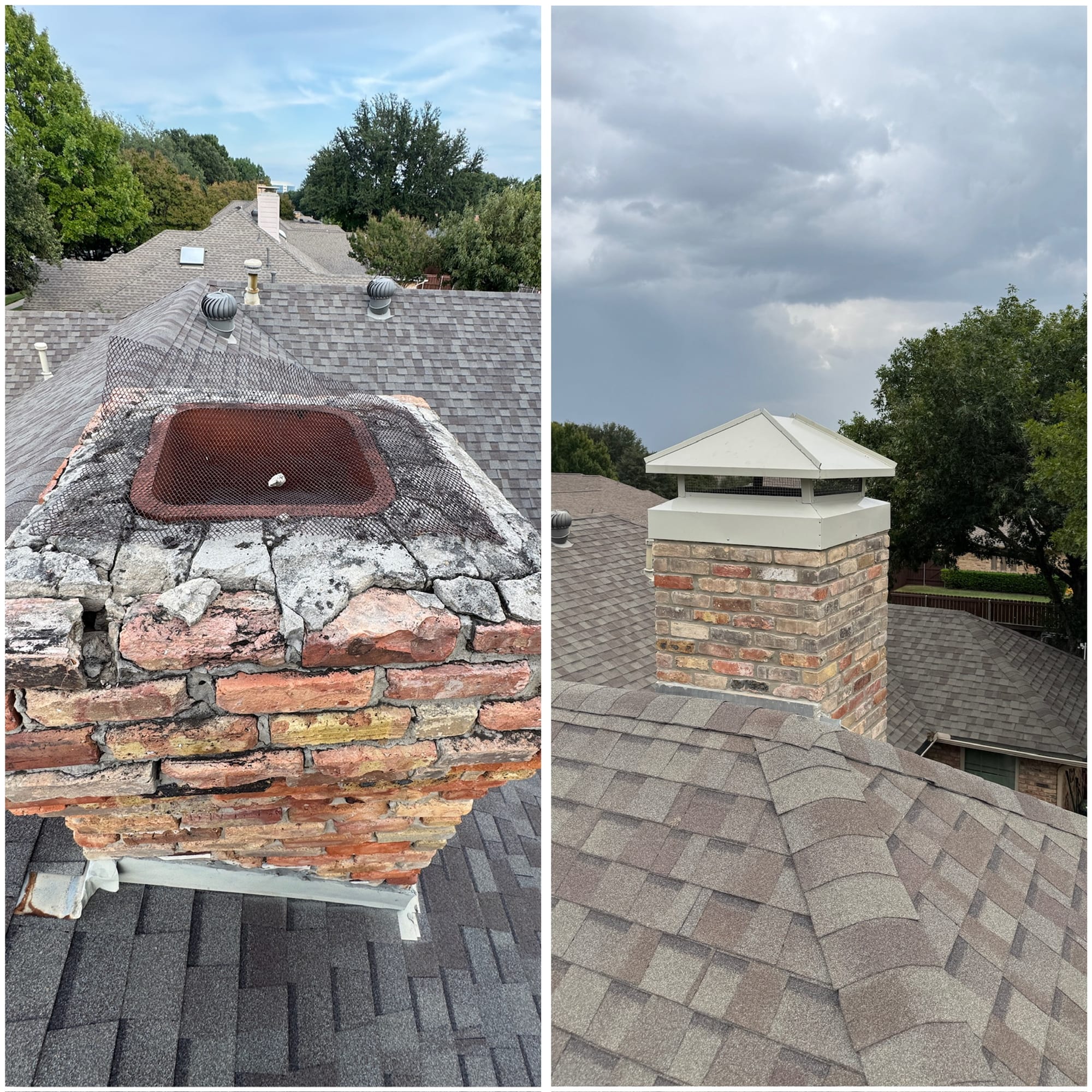 Closeup of a chimney with eroded mortar joints and crumbling brick faces above roof flashing