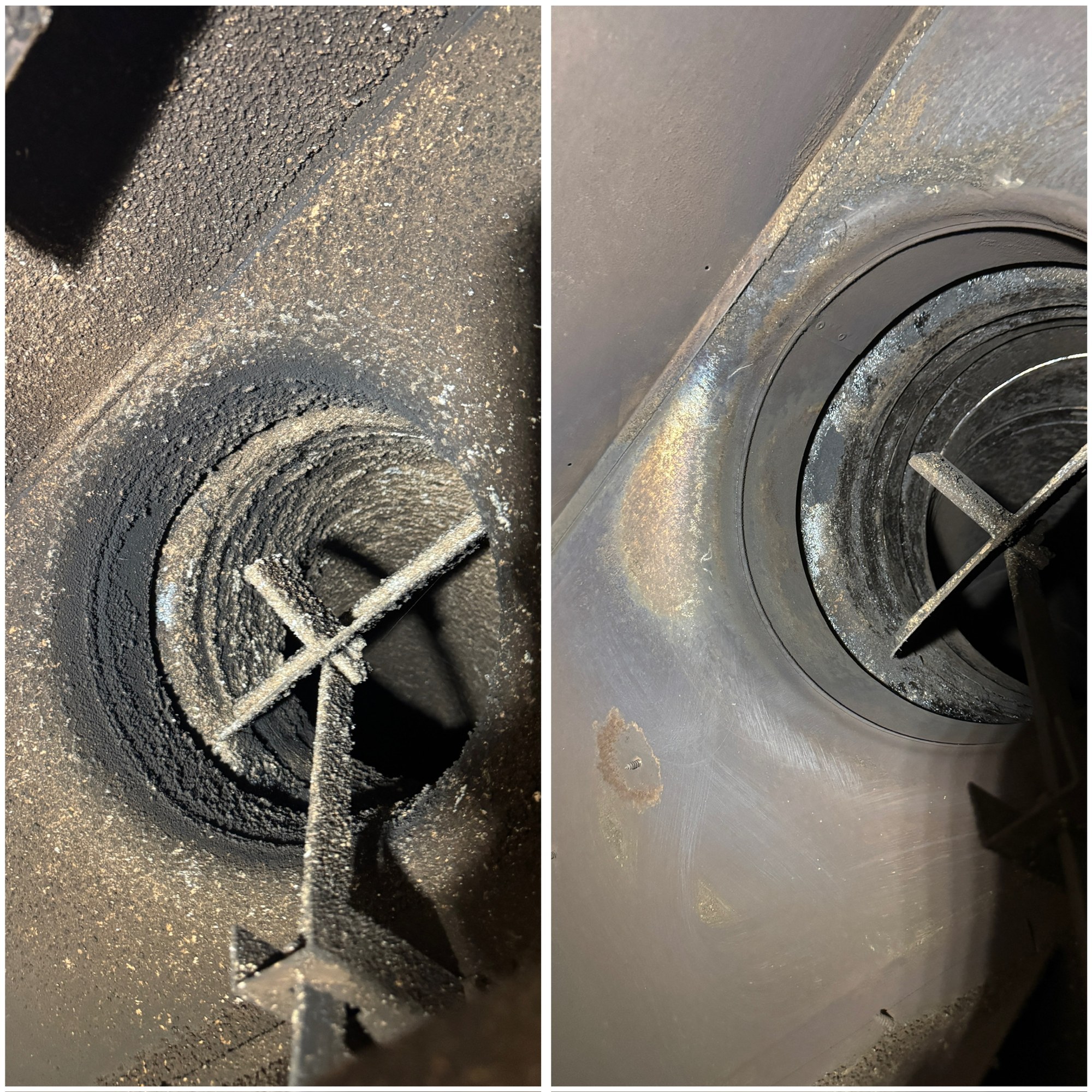 Close-up before and after of a round flue damper with spinner blade, thick creosote buildup then cleaned bare metal